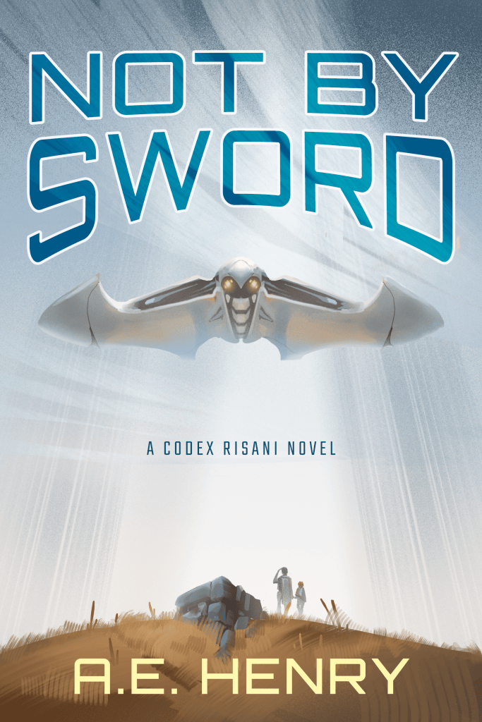 A silver, birdlike spacecraft hovers above a young boy, his father, and a stone altar.